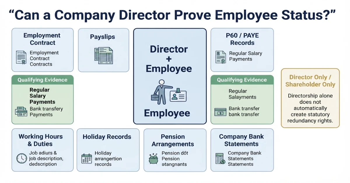 Evidence used to establish employee status for a company director redundancy claim