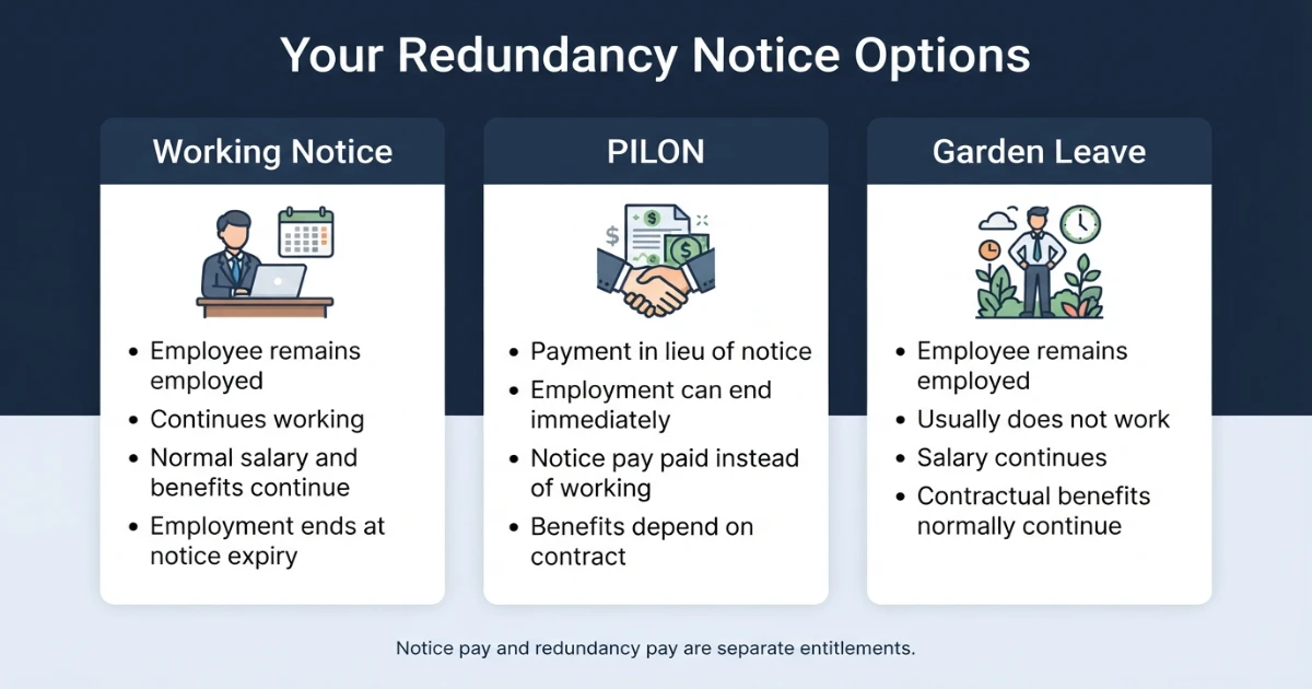 Redundancy notice options including working notice PILON and garden leave