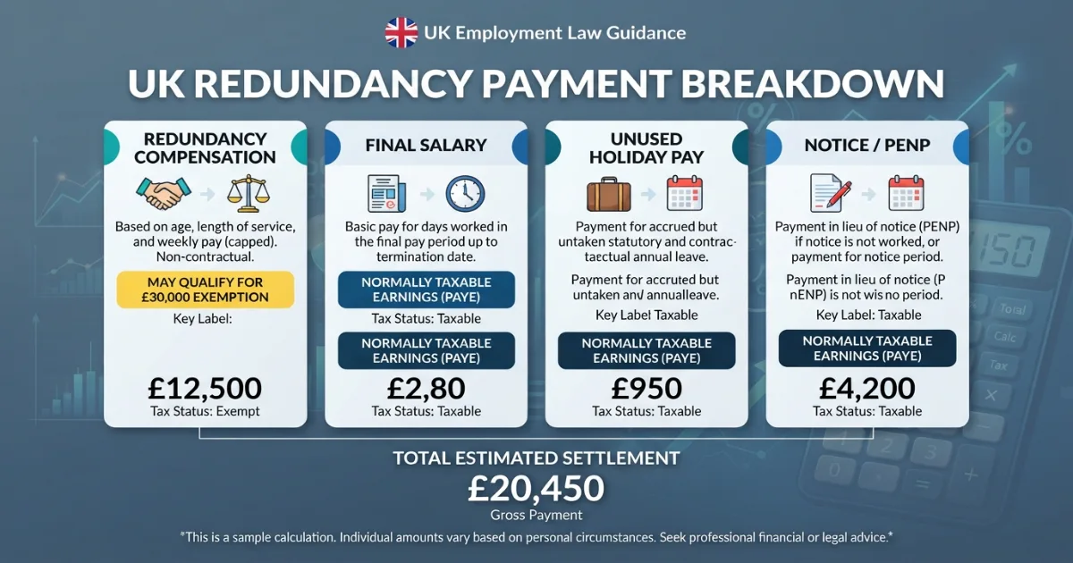 UK redundancy payment breakdown showing redundancy pay salary holiday pay and notice pay
