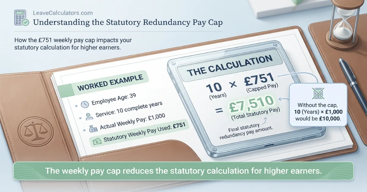 Worked example showing how the 751 weekly redundancy pay cap affects statutory redundancy pay