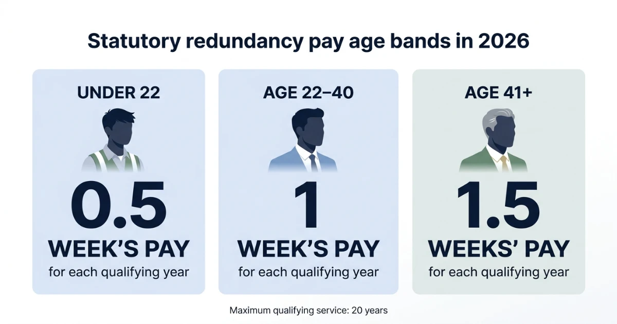 Statutory redundancy pay age bands for under 22 age 22 to 40 and age 41 plus