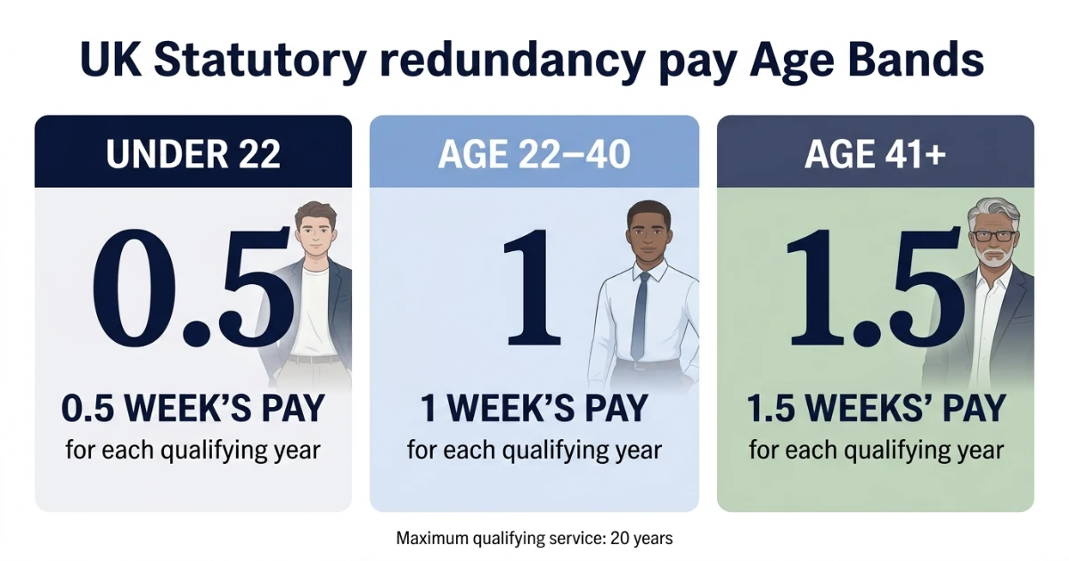 Statutory redundancy pay age bands under 22 age 22 to 40 and age 41 plus