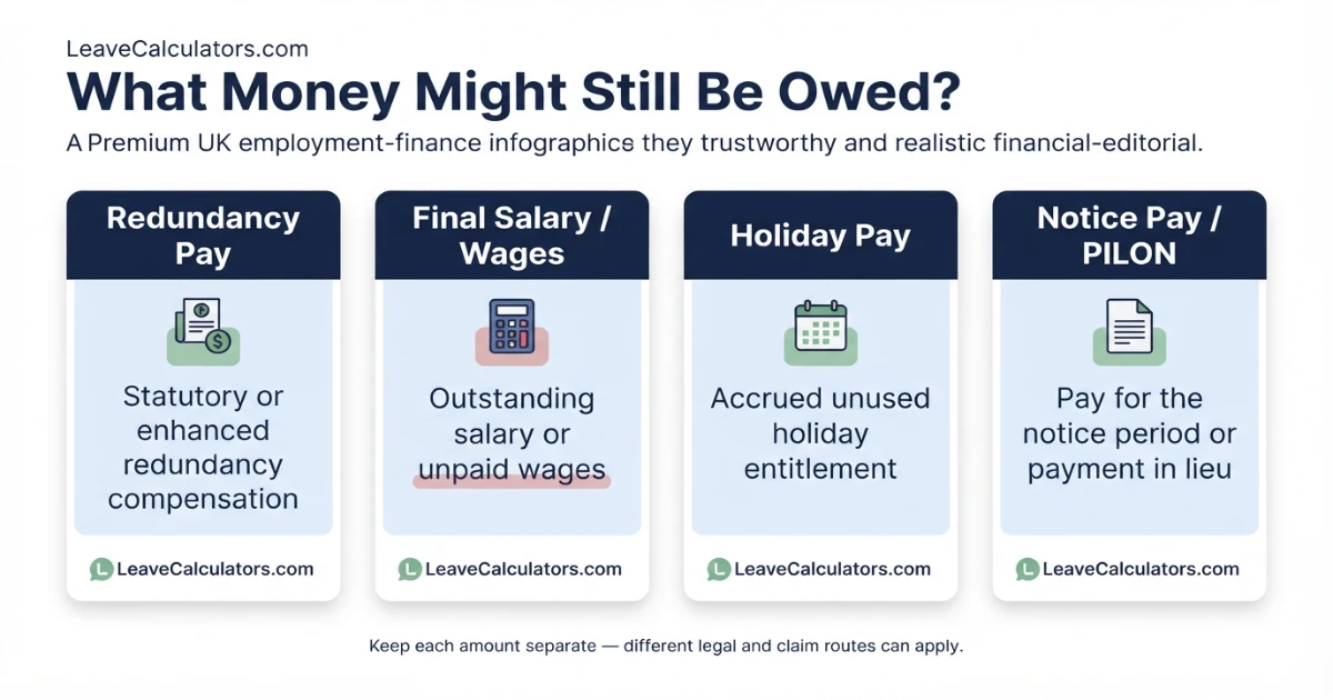 Breakdown of unpaid redundancy pay salary holiday pay and notice pay